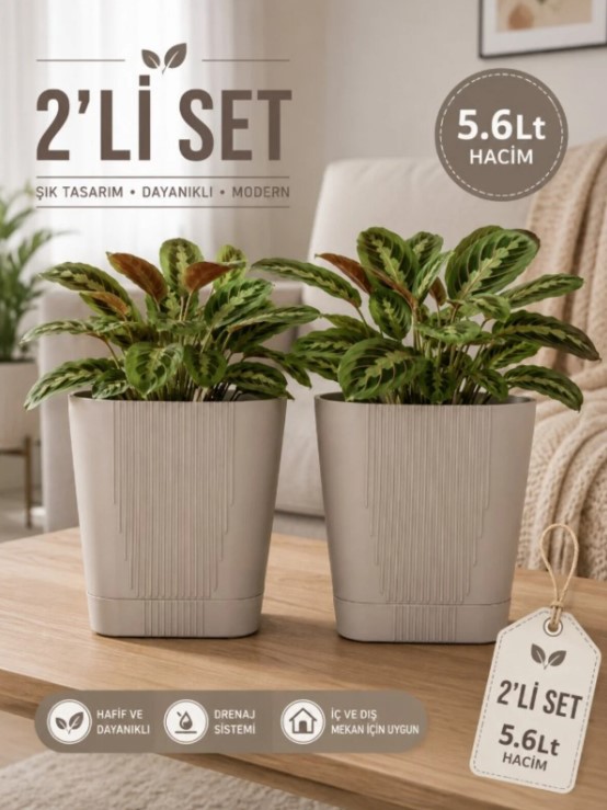Zambak Dekoratif Plastik Saksı 5.6 Lt No:4 Mocha 2li Set